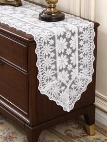 HXARTMIS 1PC Romantic White Daisy Lace Table Runner, Hollow Embroidery Semi-Transparent Mesh Table Runner, White Wavy Edge Table Decor, Suitable For Bridal Shower, Daily Home Decor And Holiday Decoration - White - View 4