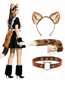 2pcs Women's Fox Tail Costume Set, Cute Polyester Faux Fur Tail, Realistic Plush Texture, Suitable For Cosplay, Party And Theme Events, Theme Event Accessories, Fun Design, Durable Headband, Halloween Fox Tail Costume - Multicolor - View 5