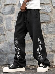 FRACTYR Men's Dark Street Style Wide Leg Sweatpants, Dual Side Totem Pattern Elastic Drawstring Draped Loose Fit Printed Long Pants - Black - View 2