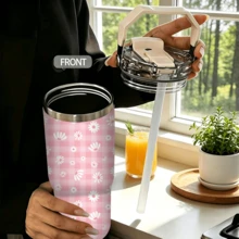 1/5pcs 30oz Portable Insulated Tumbler, Pink Plaid Bottom With White Daisy Flat Print, With Portable Handle Flip Lid, Stainless Steel Vacuum Insulation, Keeps Cold And Hot. Fresh And Soft Pastoral Style, Large Capacity Suitable For Outdoor Carry, Simple And Elegant, Perfect For Daily Use Or As A Thoughtful Gift For Your Best Friend. - Checkered Daisy - View 3