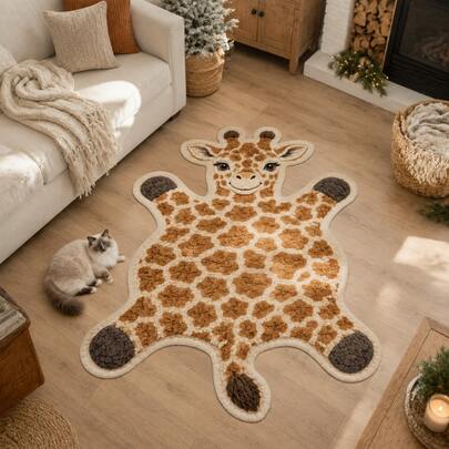 1pc Giraffe Shaped Faux Wool Rug, Cute Cartoon Giraffe Full Body Design, Classic Brown And Yellow Spotted Pattern, Rugs, Carpet, Rugs Living Room Large, Rugs Living Room, Rugs For Bedroom, Bedroom Rug, Rug For Bedroom, Carpet Living Room, Carpet For Bedroom, Kitchen Mat, Bathroom Mat, Room Decor, Kitchen Rug, Hallway Runner, Washable Rug,
