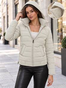 Women's Textured Collar Zip Up Hooded Quilted Padded Jacket With Flap Pockets - White - View 4