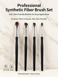 1/4Pcs Small Waist Handle Eye Makeup Brush Set, Soft Bristles Eyeshadow Blending Angled Brow Eyeliner Detail Brushes Professional Cosmetic Tools - Black - View 2