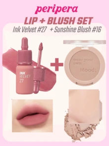 K-Beauty Peripera Ink Velvet Liquid Lipstick + Matte Blush Palette, High Pigment, Long-Lasting, Velvet Matte, Fine Texture, Korean Makeup Set - Lip & Blush Glow Set - View 1