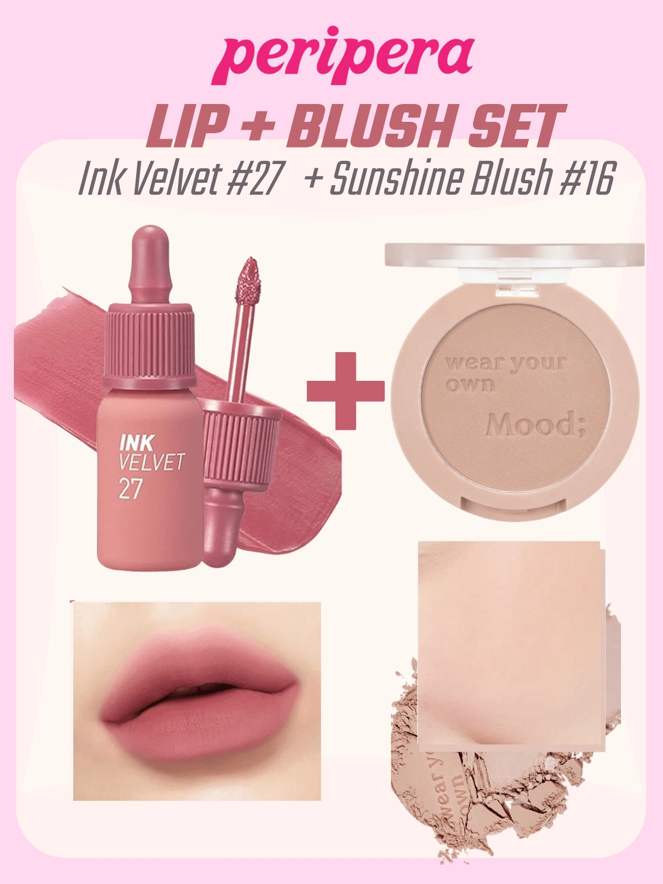 K-Beauty Peripera Ink Velvet Liquid Lipstick + Matte Blush Palette, High Pigment, Long-Lasting, Velvet Matte, Fine Texture, Korean Makeup Set - Lip & Blush Glow Set - View 1