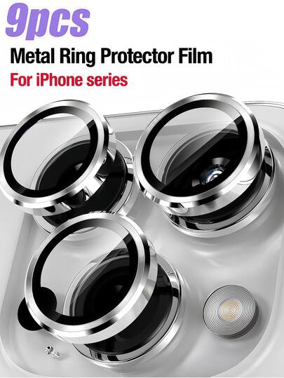 Scratch-Resistant Ultra-Clear Tempered Glass Camera Lens Protector - Compatible With IPhone DUO 18 Pro 17 Pro Max/17 Pro/17 Air/17/16 15 Pro Max, 14 Plus, 13, 12, 11, 15 Pro, 15 Plus, 14 Pro 9H Tempered Glass Independent Metal Ring Protection Case, HD Transparent, Fits Perfect Fit, Scratch-Proof Phone Case Compatible (9-Pack, Silver)