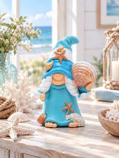 1pc Coastal Gnome Figurine, Resin Beach Gnome Statue With Seashell Starfish Sandcastle And Fishing Net, Ocean Theme Nautical Home Decor, Summer Beach House Shelf Tabletop Ornament, Seaside Bathroom Bedroom Living Room Decoration, Gift For Beach Fans