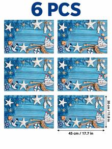 Ocean Nautical Theme Placemats, Blue Wood Grain Starfish Shell Anchor Sailboat Print Table Mats, Suitable For Dining Table Kitchen Beach Vacation Style Home Decor, Party Gathering Setup - Multicolor - View 10
