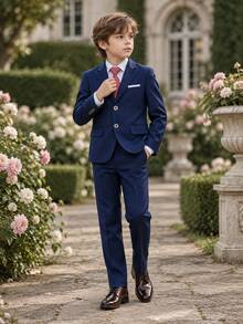 小男孩西裝套裝 正式穿著 鋼琴表演 婚禮花童服裝 3件套夾克 + 長褲 + 領帶 - 藏蓝色 - 查看 3