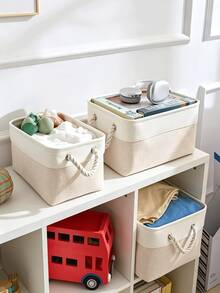 Minimalist Farmhouse Style Linen Blend Rectangular Storage Basket, Foldable Fabric Storage Bin With Thickened Cotton Rope Handles, Large Capacity, Suitable For Bedroom Closet, Shelf, Cabinet, Living Room, Home Organization And Storage - Multicolor - View 8