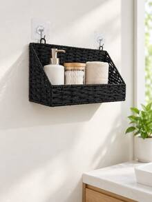 1pc Bathroom Storage Rack Decorative Storage Shelf Woven Bamboo Hanging Storage Basket Bathroom Accessories Kitchen Storage Wall-Mounted Toiletries Storage Basket - Multicolor - View 4
