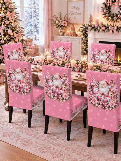 2/4/6pcs Pink Christmas Santa Claus Snowman Reindeer Print Dining Chair Covers, Pinkmas Girl Style Elastic Removable Chair Covers, Holiday Party Home Decor