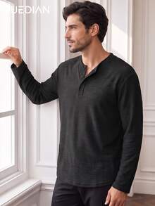 1pc T-Shirt, Solid Color Henley Collar Three-Button Design Loose Fit Long Sleeve Top, Faux Linen Textured Fabric, Skin-Friendly Soft Anti-Deformation, Elegant Slouchy Old Money Style, Suitable For Daily Commute And Friend Gatherings, Machine Washable And Dry Cleanable - Black - View 2