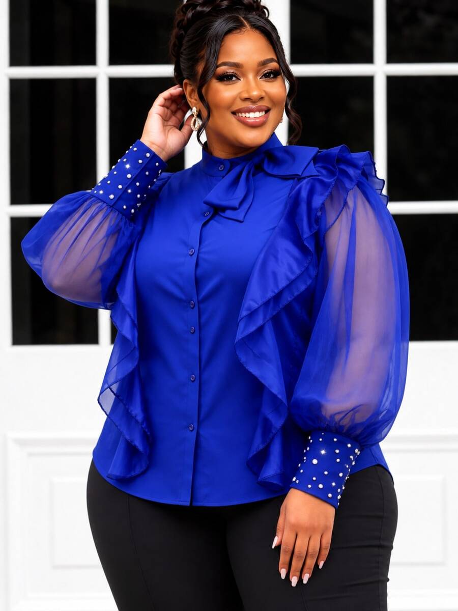 AOMEI Stunning Elegant Plus Size Royal Blue Bow Front Sheer Chiffon Petal Sleeve Blouse Ruffle Panel Rhinestone Embellished Cuff Formal Office Blouse - Blue - View 1