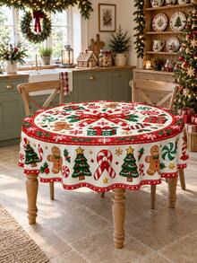 1pc-Retro Gingerbread Man Christmas Table Cover, Red Green Cream Holiday Tablecloth With Candy Cane & Christmas Tree Print, Winter Xmas Dining Room Tabletop Decoration, Lovely Festive Table Linen For Holiday Celebration - Multicolor - View 4