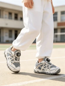 Big Kids Unisex Grey & Blue Mesh Thick Sole Sports Shoes, Rotary Buckle Design, Breathable & Non-Slip, Suitable For School, Running, Outdoor & Daily Wear - Grey - View 9