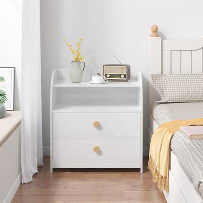 White Nightstand With 2 Drawers And Open Shelf, MDF Bedside Table With Curved Side Panels, Modern End Table For Bedroom, Room, Nursery, Living Room, S