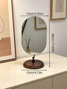 Nordic Minimalist Desktop Makeup Mirror, Frameless Oval Vanity Mirror With Walnut Wood Base, Adjustable Tabletop Cosmetic Mirror For Bedroom, Dressing Table, Bathroom & Home Decor - Multicolor - View 9