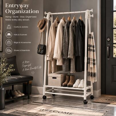 Heavy Duty Rolling Clothes Rack With Wheels, Freestanding Metal Garment Rack With Single Hanging Rod, Side Hooks And Bottom Storage Shelf, Portable Clothing Organizer For Bedroom, Laundry Room And Entryway, Black Or White