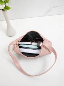 1pc Women's Minimalist Solid Color Litchi Texture Underarm Bag, Metal Letter Logo Shoulder Baguette Bag, Casual Zipper Lightweight Commuter Small Bag - Pink - View 6