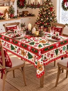 1pc-Retro Gingerbread Man Christmas Table Cover, Red Green Cream Holiday Tablecloth With Candy Cane & Christmas Tree Print, Winter Xmas Dining Room Tabletop Decoration, Lovely Festive Table Linen For Holiday Celebration - Multicolor - View 14