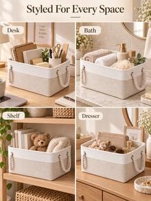 Minimalist Farmhouse Style Linen Blend Rectangular Storage Basket, Foldable Fabric Storage Bin With Thickened Cotton Rope Handles, Large Capacity, Suitable For Bedroom Closet, Shelf, Cabinet, Living Room, Home Organization And Storage - Multicolor - View 2