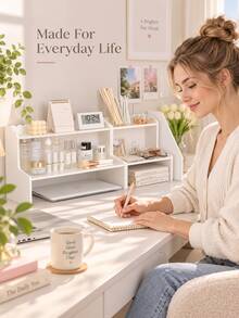 Estantería de almacenamiento de doble capa estilo coreano, organizador de escritorio, estantería de almacenamiento para cosméticos, papelería y libros de dormitorio y oficina, estantería de almacenamiento para perfumes, aperitivos y suministros de baño, estantería decorativa de almacenamiento para el hogar - Blanco - Ver 7