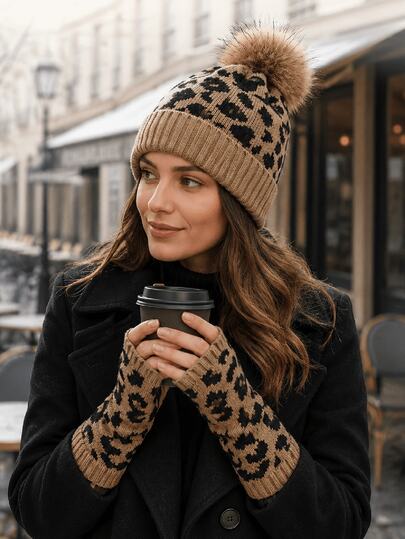 2 pezzi Set di berretto lavorato a maglia con pompon e guanti senza dita con stampa leopardata, set di cappello lavorato a maglia caldo e guanti senza dita per donne autunno/inverno