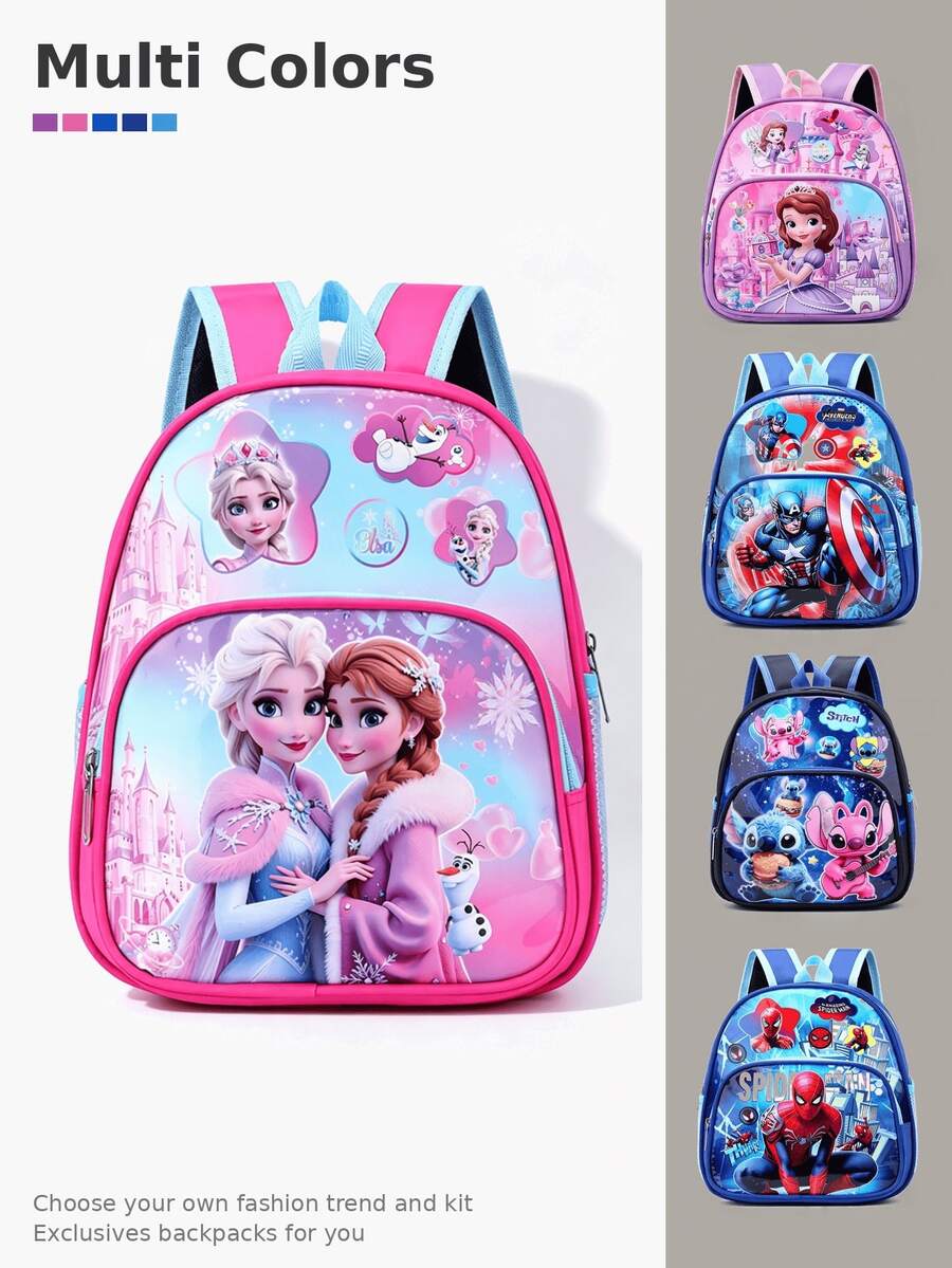 Disney Frozen Anna, Avengers, Stitch, Spider-Man Theme Backpack, Multi-Color Cartoon Superhero, Princess And Alien Pattern Student School Bag, Lightweight Durable Large Capacity Daily Backpack, Suitable For Teens And Adults, Casual Cartoon Style, With Front Pocket, For School, Commute And Daily Travel, Cute 3D Cartoon Pattern, Multiple Designs Available - Multicolor - View 1