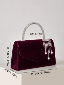 REMANLAND Charming Burgundy Handbag With Crystal Decorated Handle And Draping Details, Elegant Party Clutch Suitable For Banquets, Receptions And Evening Gowns - Burgundy - View 5