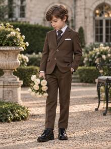 Young Boy Suit Set, Young Boy Piano Performance Outfit, Wedding Flower Boy Dress, 3-Piece Set: Suit Jacket + Pants + Tie - Brown - View 5