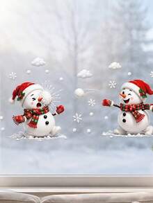2pcs Christmas Snowman Window Stickers, Cute Cartoon Winter Snowman With Christmas Hat, Scarf And Snowflake Design, Easy To Install Double-Sided Visible Static Window Decals, Suitable For Bedroom, Living Room, Door Glass Holiday Home Decor - one-size - View 6