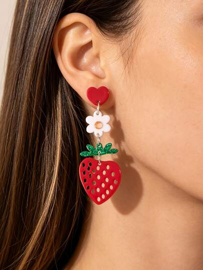 Pendientes de acrílico minimalistas lindos con diseño floral de fresa en colores dulces de caramelo dopamina