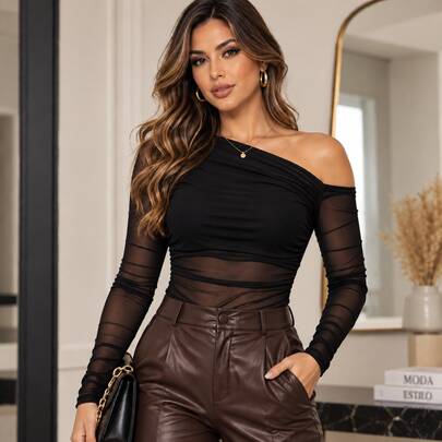 Body Feminino em Tule Assimétrico Elegante e Sofisticado Moda Balada