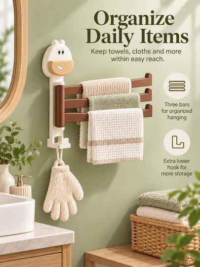 Modern Minimalist Plastic Wall-Mounted Towel Rack With 3 Swinging Bars, 180° Rotating Design And Hanging Hook, Suitable For Face Cloths, Hand Towels, Gloves, Bathroom Supplies, Sink Area, Shower Room, Dorm, Apartment, Vacation