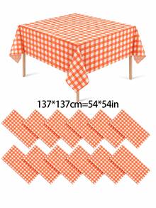 1/6/12PCS-137*274cm Orange And White Plastic Checkered Tablecloth, Decorative Disposable Orange And White Plaid Tablecloth, Suitable For Picnic, Farm, Birthday, Wedding Rectangular Tablecloth, Party Tablecloth, Halloween, Autumn Decoration - Orange - View 3