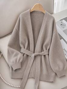 Plus Size Women's Long Sleeve Tie-Front Cardigan, Loose Knit Sweater (Includes Belt) - Khaki - View 2