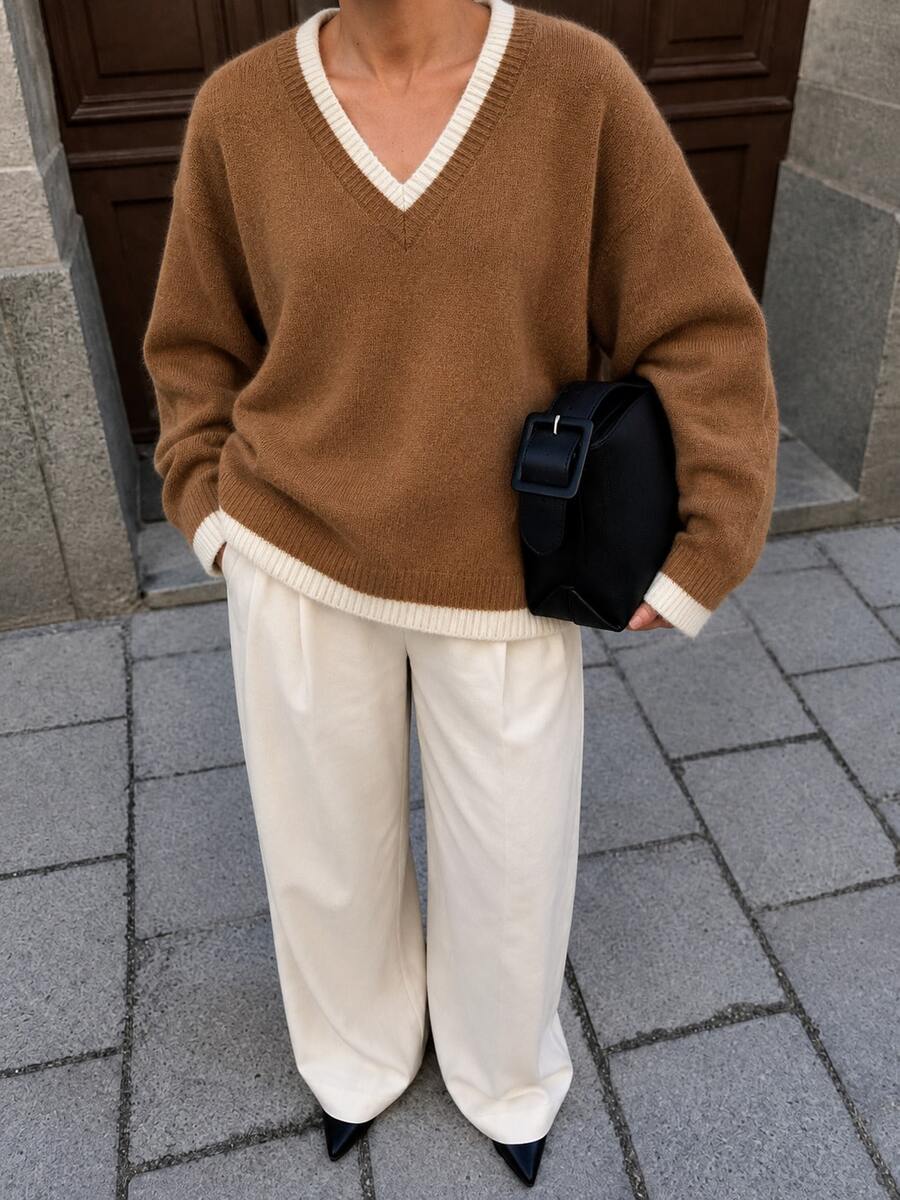Sweater Rajut Wanita Ukuran Besar Warna Cokelat Vintage, Leher V Lengan Panjang, Sempurna untuk Musim Gugur/Musim Dingin - Coklat - View 1