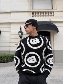 BLACKTOEXIT Men's Crew Neck Long Sleeve Chunky Knit Loose Drop Shoulder American Streetwear Jacquard Pullover Sweater Autumn Winter - Black - View 8