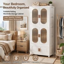 Foldable Children Clothing Storage Wardrobe With Wheels, Children's Wardrobe Portable Closet,Hanger & Layering PP Bedroom Storage Cabinet , Quick Easy Installation Portable Armoire For Bedroom Daily Clothes Sundries Storage - White - View 5