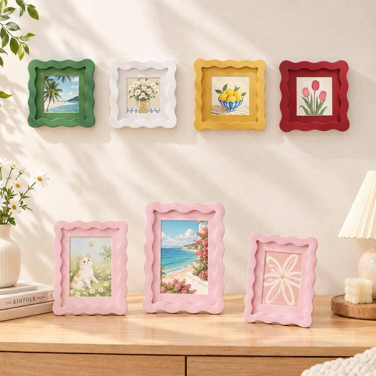 Marco de fotos ondulado rosa, disponible en tamaños 4x4 pulgadas, 4x6 pulgadas, 5x7 pulgadas, 8x10 pulgadas. Diseño creativo, perfecto para decoración del hogar para mostrar fotos de familia y amigos. También es un regalo ideal para el Día de la Madre. - Múltiples tamaños/colores disponibles (foto no incluida). - Multicolor - Añade 5