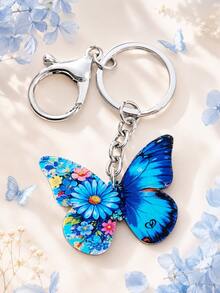Blue Butterfly Floral Stainless Steel Keychain, Bag Charm Accessory Gift - Multicolor - View 3