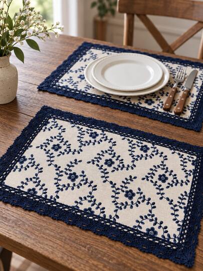 1/2/3/4/6 piezas Mantel individual rectangular azul marino con estampado floral y ribete de encaje, mantel de estilo vintage beige para comedor & cocina