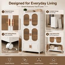 Foldable Children Clothing Storage Wardrobe With Wheels, Children's Wardrobe Portable Closet,Hanger & Layering PP Bedroom Storage Cabinet , Quick Easy Installation Portable Armoire For Bedroom Daily Clothes Sundries Storage - White - View 9