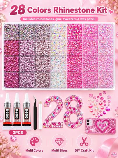 28 Colors Flat Back Rhinestone Set: Includes Multiple Gradient Colors And Transparent Resin Gemstones (3/5mm) + 5pcs Tool Set, 7 Mainstream Gradient Color Sets. Available For Selection, Also Provides 7000 Jewelry Enhancements, Suitable For DIY Creation, Handicrafts, Clothing, Accessories, Shoes, Phone Cases, Cups, Room Decoration, Book Binding, Holiday Gifts And More.