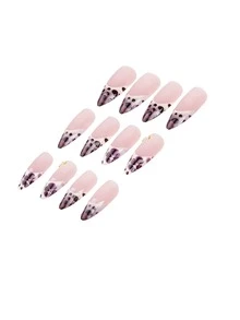 24Pcs Medium Almond Magenta Press On Nails, Irregular Spot French Tips With Brown Ombre, Vintage Purple Floral Pattern & Gold Bead Decor, Elegant Style For Daily Autumn & Winter Wear - Red Violet - View 6