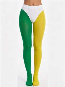1 Pair Christmas Carnival Color Block Tights Green Yellow Two Tone Patchwork High Elasticity Pantyhose Festival Party Wear - Multicolor - View 2