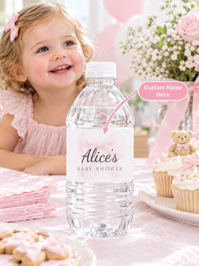 20pcs Personalized Baby Baptism Water Bottle Labels, Mother & Baby Christmas Party Supplies, Pink Bow Stickers Kids Birthday Party Favors, S Size Newborn Essentials