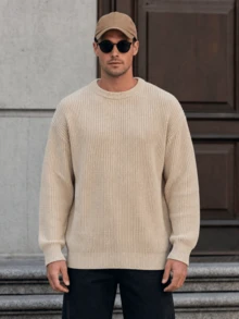 Lightweight Casual Textured Knit Sweater, Minimalist Design, Loose Fit Crew Neck Pullover For Unisex, Suitable For Autumn/Winter - Light Yellow - View 1