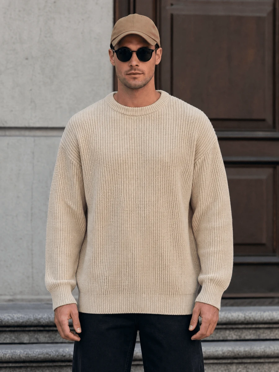 Lightweight Casual Textured Knit Sweater, Minimalist Design, Loose Fit Crew Neck Pullover For Unisex, Suitable For Autumn/Winter - Light Yellow - View 1